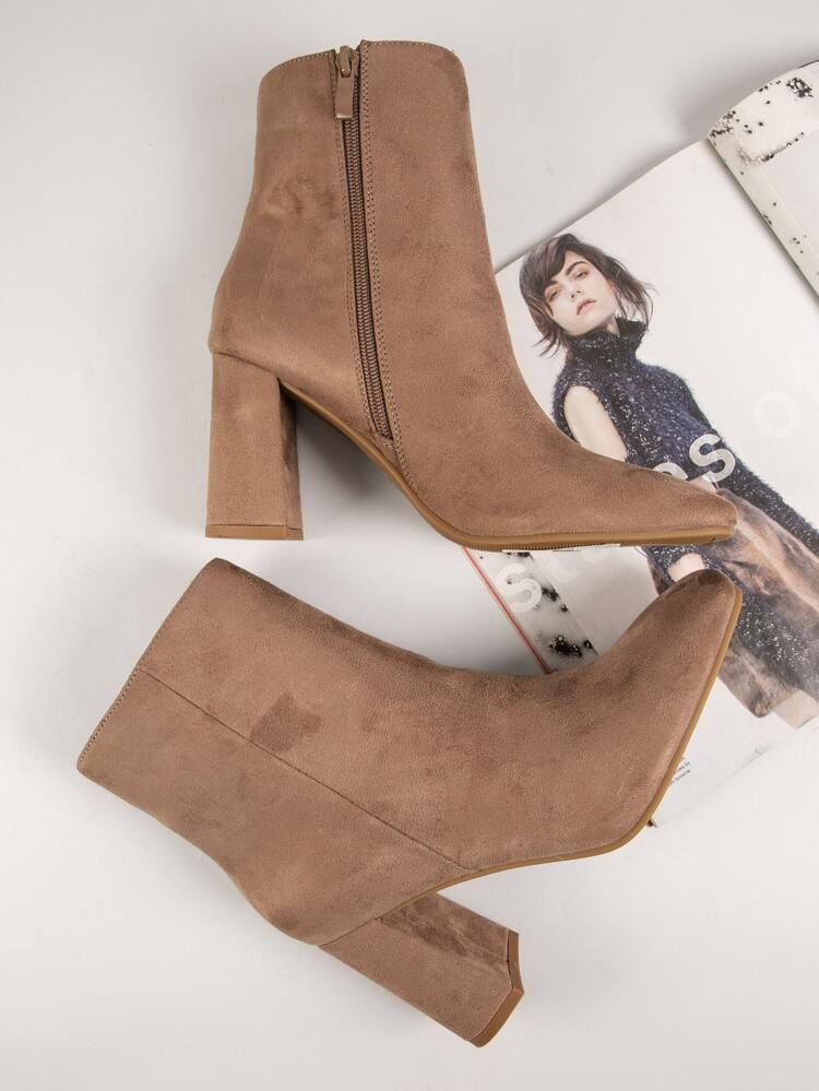 Vegan Suede Square Toe Block Heel Booties | SHEIN