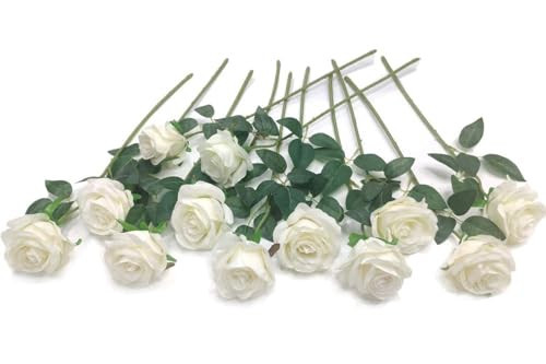 Laelfe 12 Pcs White Artificial Roses, 21in Realistic Single Long Stem Silk Flowers Fake White Rose Bridal Bouquet for Wedding Home Party Arrangment Hotel Garden Decoration | Amazon (UK)