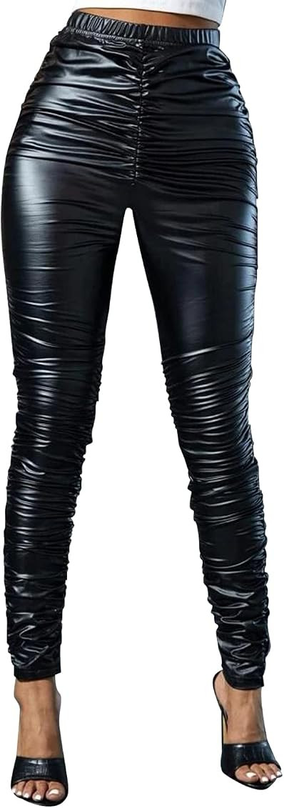 hibshaby Sexy Club Women's Pleather Faux Leather Pants High Waist Ruched Stacked Legging | Amazon (US)