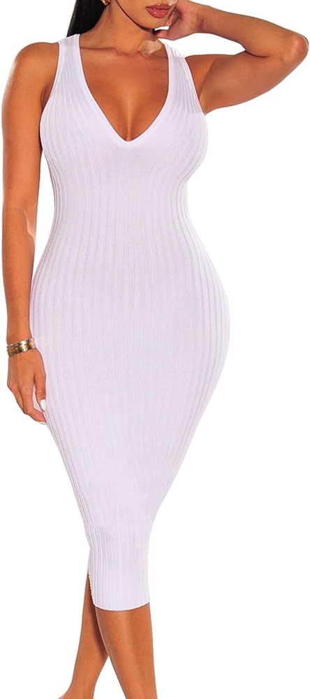 ZERMOM Women's Casual Sexy Bodycon Ribbed Tank Dress Scoop Neck Sleeveless Club Dresses | Amazon (US)