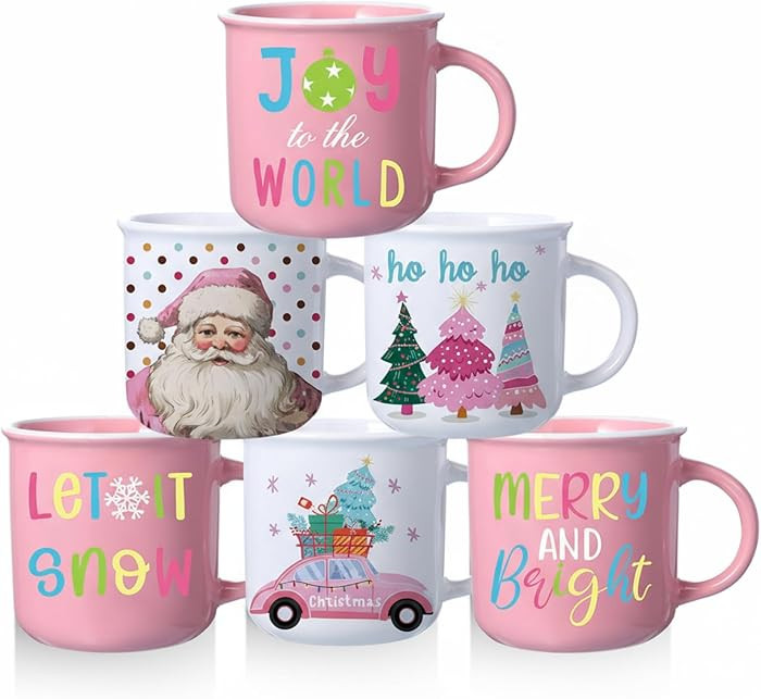 Pickmesh 6 Pcs Christmas Coffee Mug Set 13OZ Xmas Ceramic Mugs with Handle Pink and White Santa M... | Amazon (US)