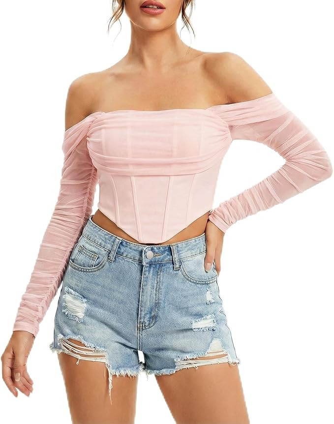 JSXZMMSM Corset Tops for Women Long Sleeve Off The Shoulder Crop Boned Bustier Trendy Y2K Going O... | Amazon (US)