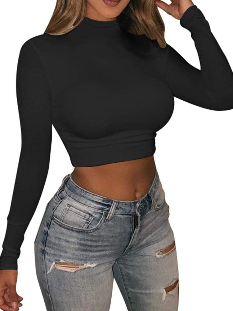 LAGSHIAN Basic Long Sleeve Crop Top, Women's Turtleneck Sexy Casual Top | Amazon (US)