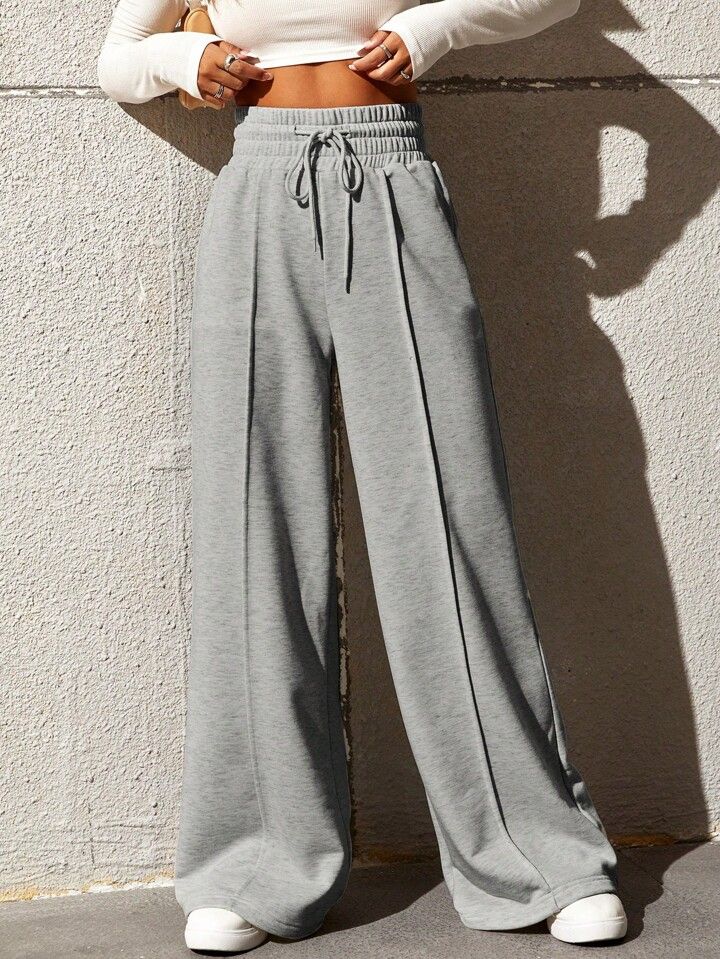 SHEIN EZwear Spring Grey Y2k Drawstring Waist Seam Detail Wide Leg Pants Dress Pant | SHEIN