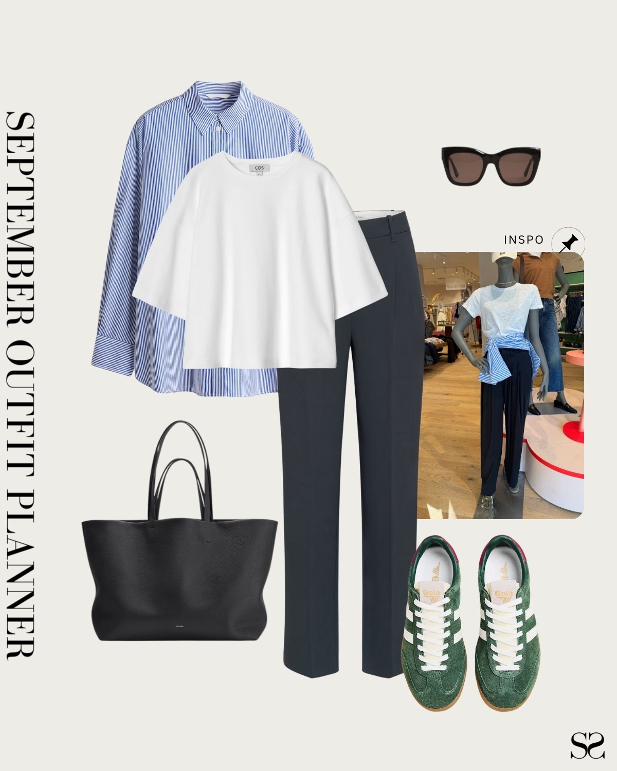 Monthly outfit planner SEPTEMBER: Summer to Fall outfits | stripe button up, white tee, trousers, black leather tote, green sneakers

#summertofall #transitionalstyle #falloutfit #casualstyle 

Inspo image credit: Anthropologie 


#LTKStyleTip