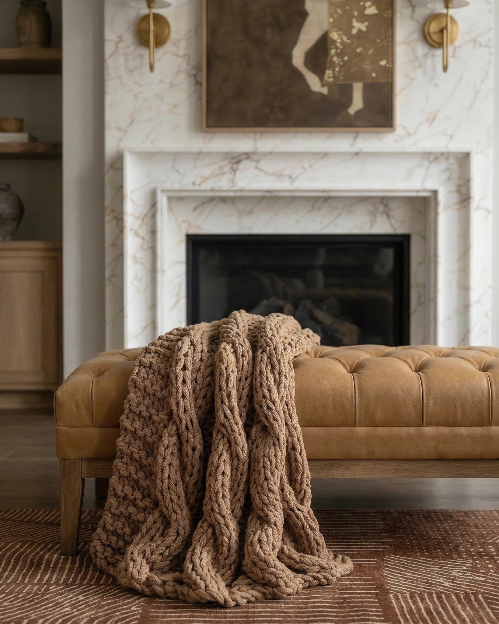 Shop the look:
* camel leather sofa
* beige upholstered accent chair 
* wood frame accent chair cream cushion
* tufted leather ottoman coffee table
* square wood coffee table
* rustic wood coffee table
* wood side table square
* round wood drink table
* brown patterned area rug
* vintage style distressed rug brown
* earthy tone geometric rug
* white globe pendant light
* brass wall sconce white globe
* modern brass sconce lighting
* neutral ceramic vase decor
* brown clay decorative vases
* glass hurricane candle holder
* pillar candle neutral
* stacked coffee table books neutral
* wood decorative bowl
* small pottery decor
* abstract neutral wall art
* modern brown beige artwork
* framed canvas neutral tones
* neutral throw pillow beige
* patterned accent pillow neutral
* textured throw blanket brown

#LTKsale #LTKhome