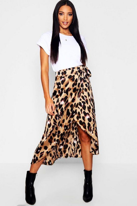 Leopard Print Satin Wrap Midaxi Skirt | Boohoo.com (US & CA)