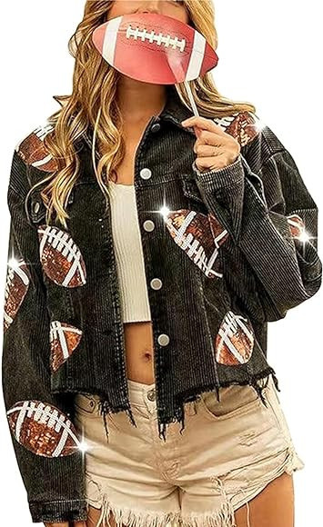 Aimiray Women's Cropped Corduroy Jacket Football Sequin Patched Print Button Frayed Hem Shacket O... | Amazon (US)