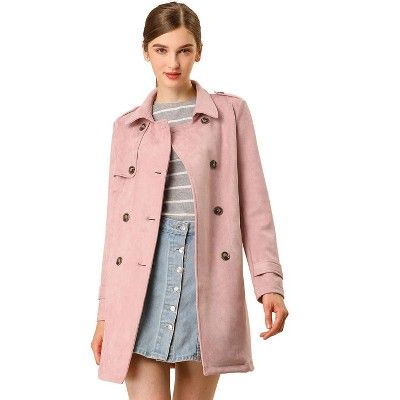 Allegra K Women's Notched Lapel Double Breasted Faux Suede Trench Coat with Belt Pink X-Small | Target