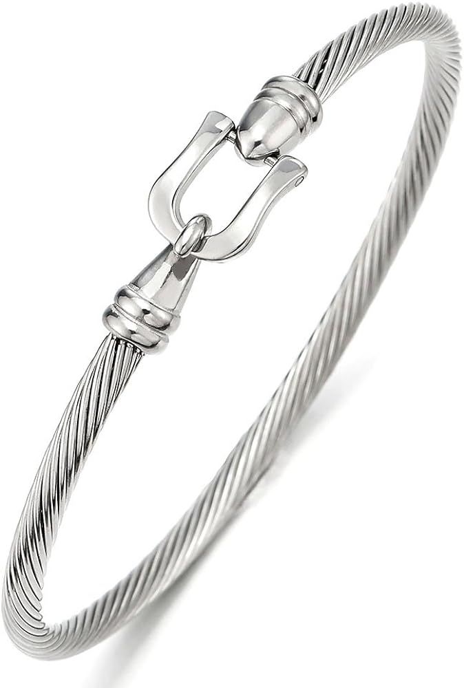 COOLSTEELANDBEYOND Stylish Stainless Steel Twisted Cable Bangle Bracelet with Hook Clasp for Wome... | Amazon (US)