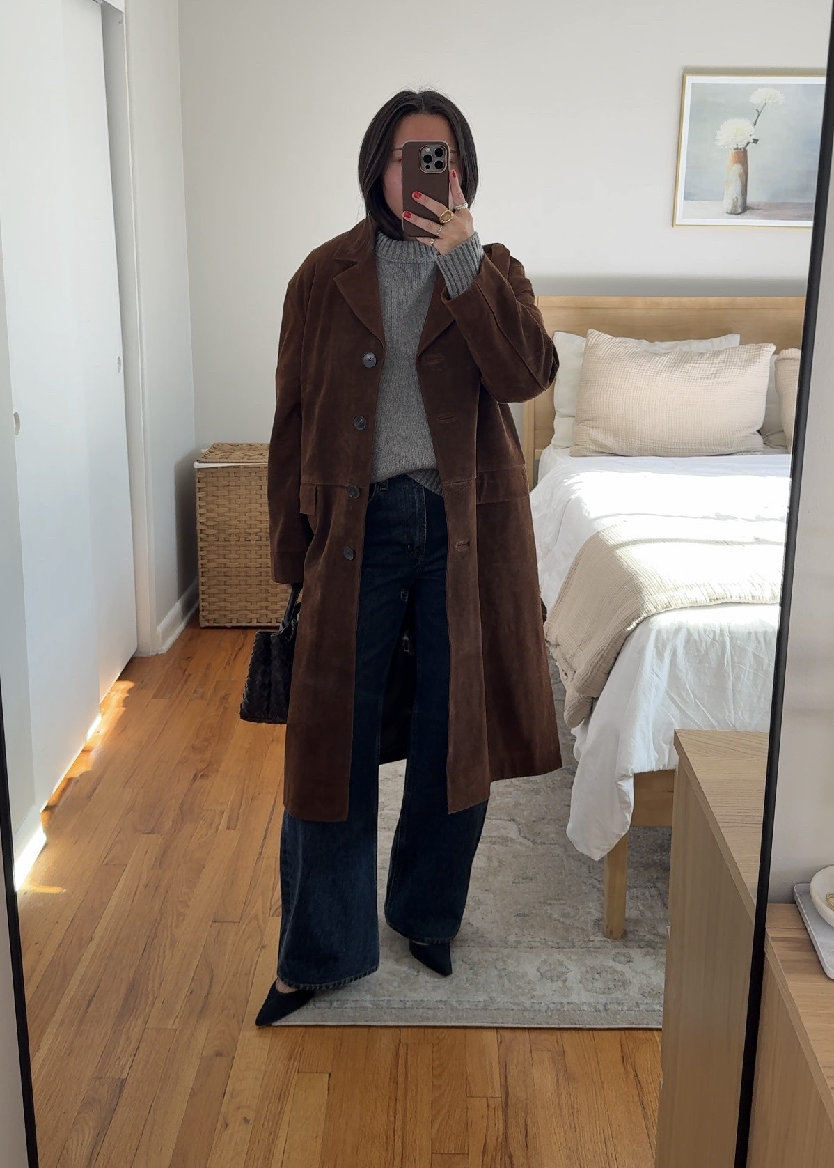 Coat: size medium
Jeans: size 24
Sweater: size small