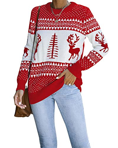 LookbookStore Women Winter Holiday Sweaters for Women Crewneck Long Sleeves Ugly Christmas Tree Reindeer Red Knit Sweater Pullover Size Small | Amazon (US)