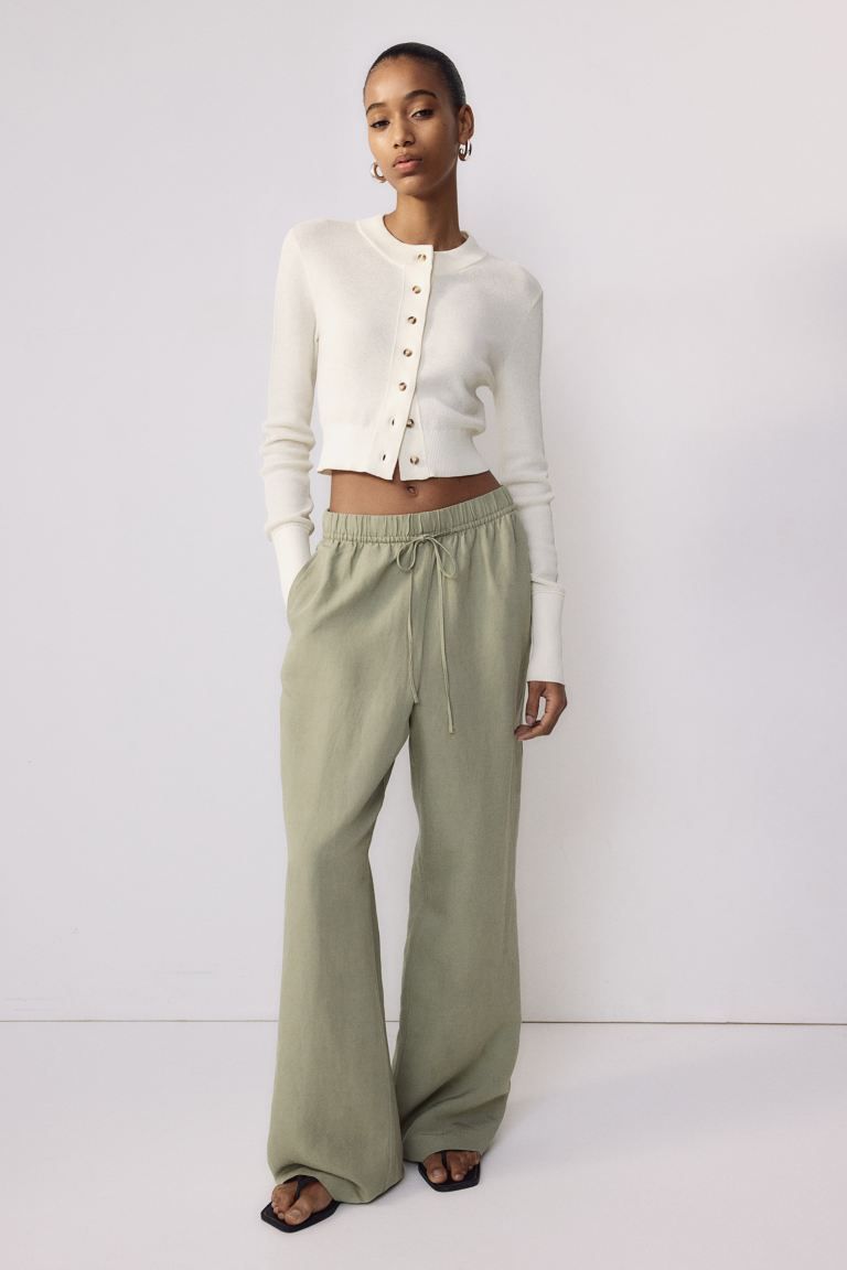 Linen-blend Pull-on Pants - High waist - Long - Light khaki green - Ladies | H&M US | H&M (US + CA)