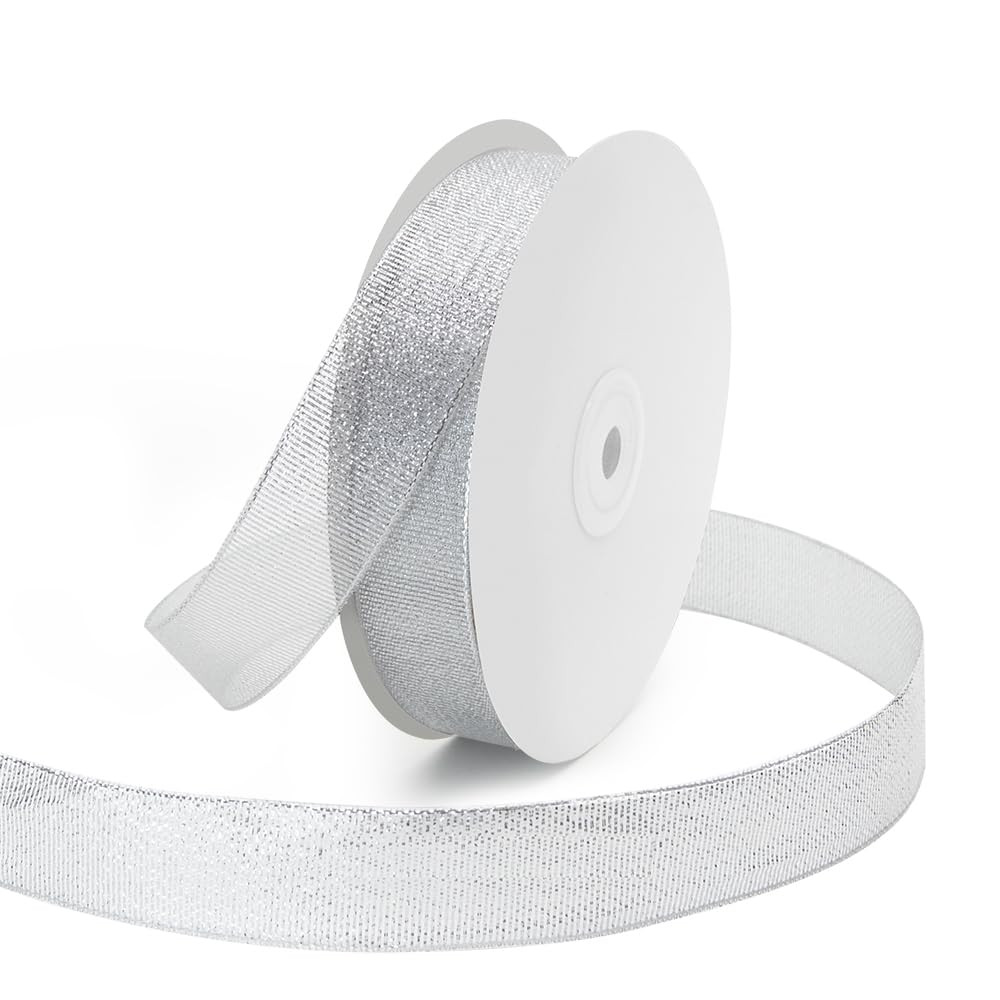 1 inch x 50 Yards Glitter Silvery Ribbon, Sparkly Metallic Fabric Ribbons for Gifts Wrapping, Sew... | Amazon (US)