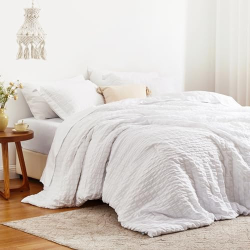 Love's cabin Seersucker White Queen Comforter Set 7 Pieces, All Season Lightweight Bedding Set, Queen Bed in a Bag Comforter Set with Comforter, Flat Sheet, Fitted Sheet, Pillowcase and Pillow Sham | Amazon (US)