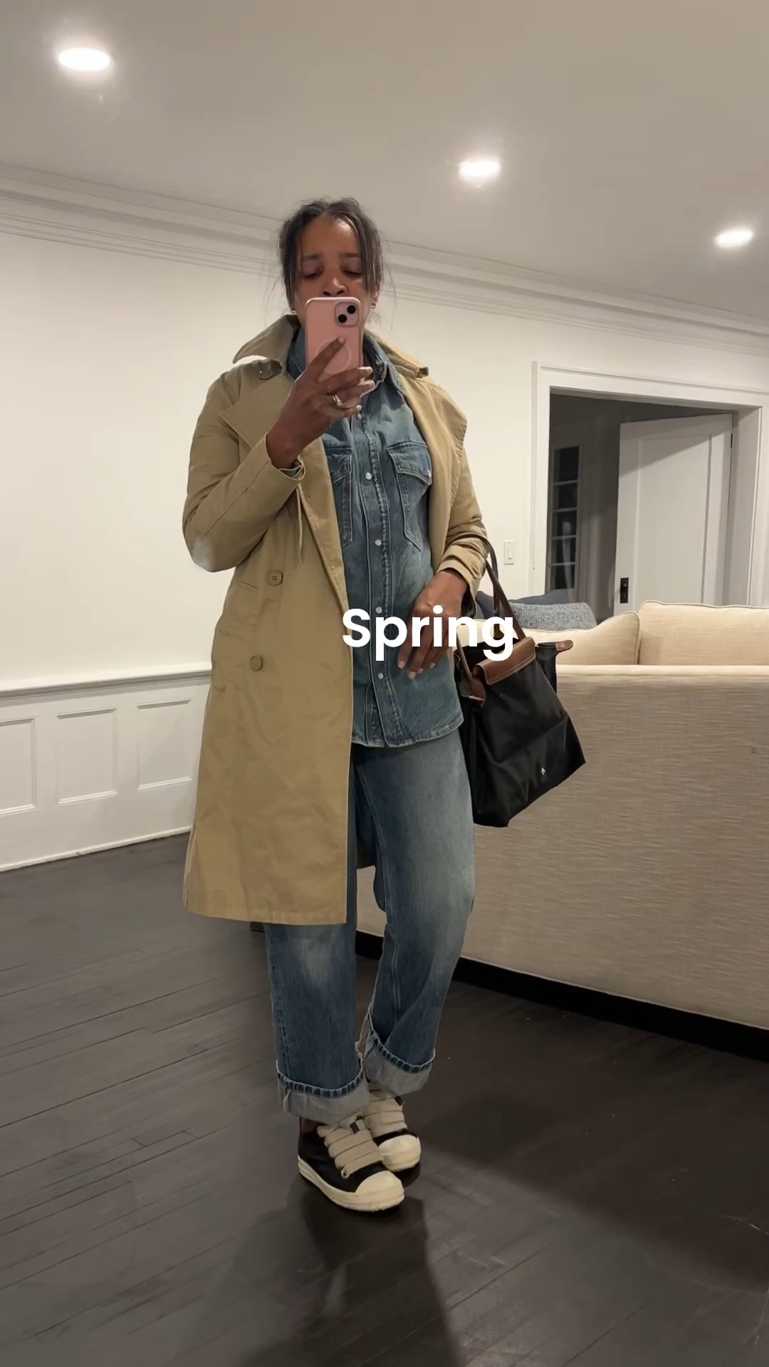 Trench coat Longchamp tote bag denim on denim Rick Owen sneakers spring outfit @gapstyle #gap #style #fashion #denim #jeans #easter #spring #outfit 

#LTKootd #LTKgrwm #LTKOver40