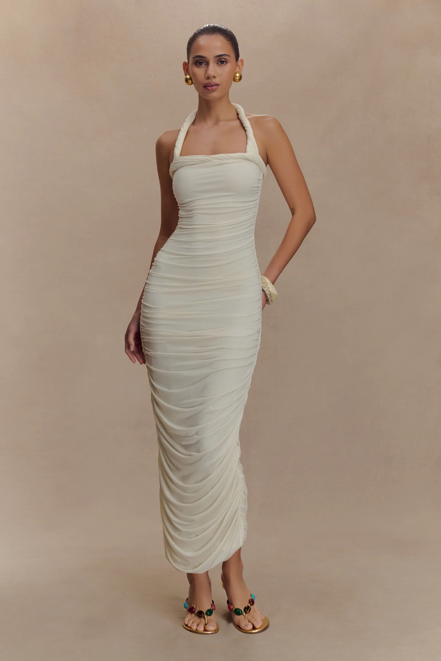 Ruched Halter Midi Dress - Ivory | MESHKI US