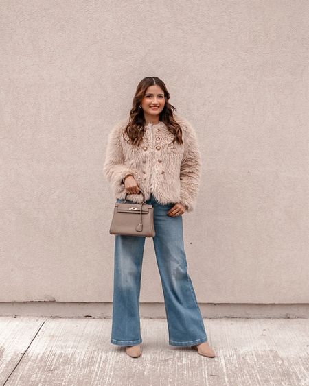 Furry coat jeans  and bag