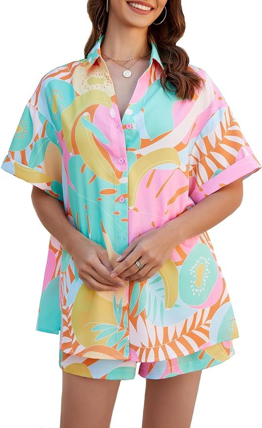 KIDDAD Women's Summer 2 Piece Vacation Outfits Tropical Printed Short Sleeve Hawaiian Shirt and S... | Amazon (US)
