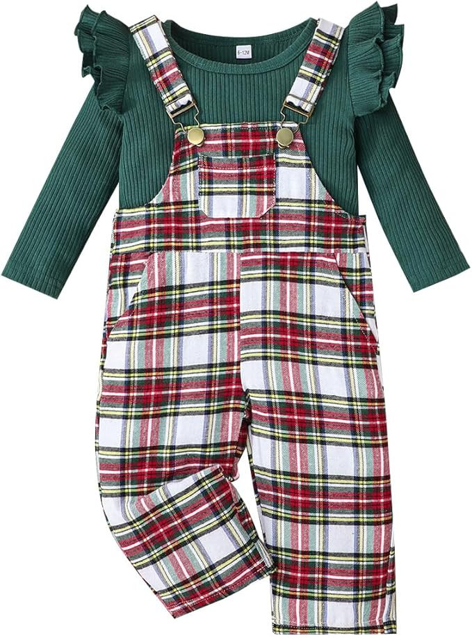 Toddler Baby Girl Christmas Clothes Ruffled Top Plaid Bib Overalls Pocket Suspender Pants Set Tha... | Amazon (US)