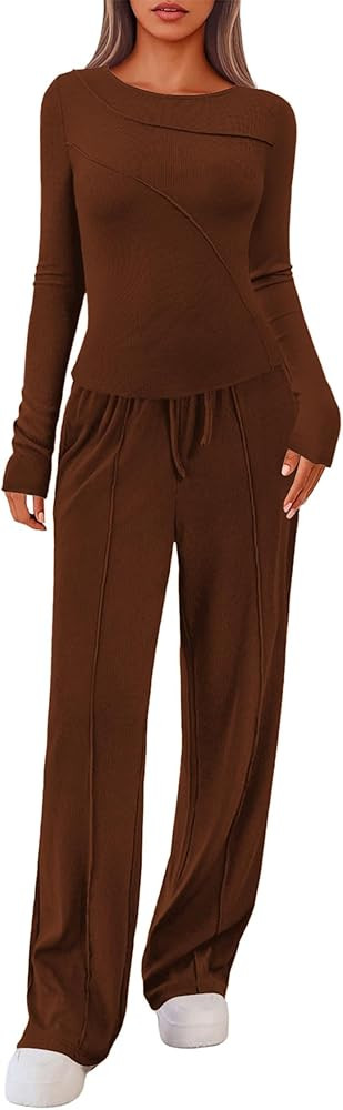 Lazysmile Lounge Sets For Women 2 Piece Sets Fall Outfits Long Sleeve Tops with Wide Legs Pants C... | Amazon (US)