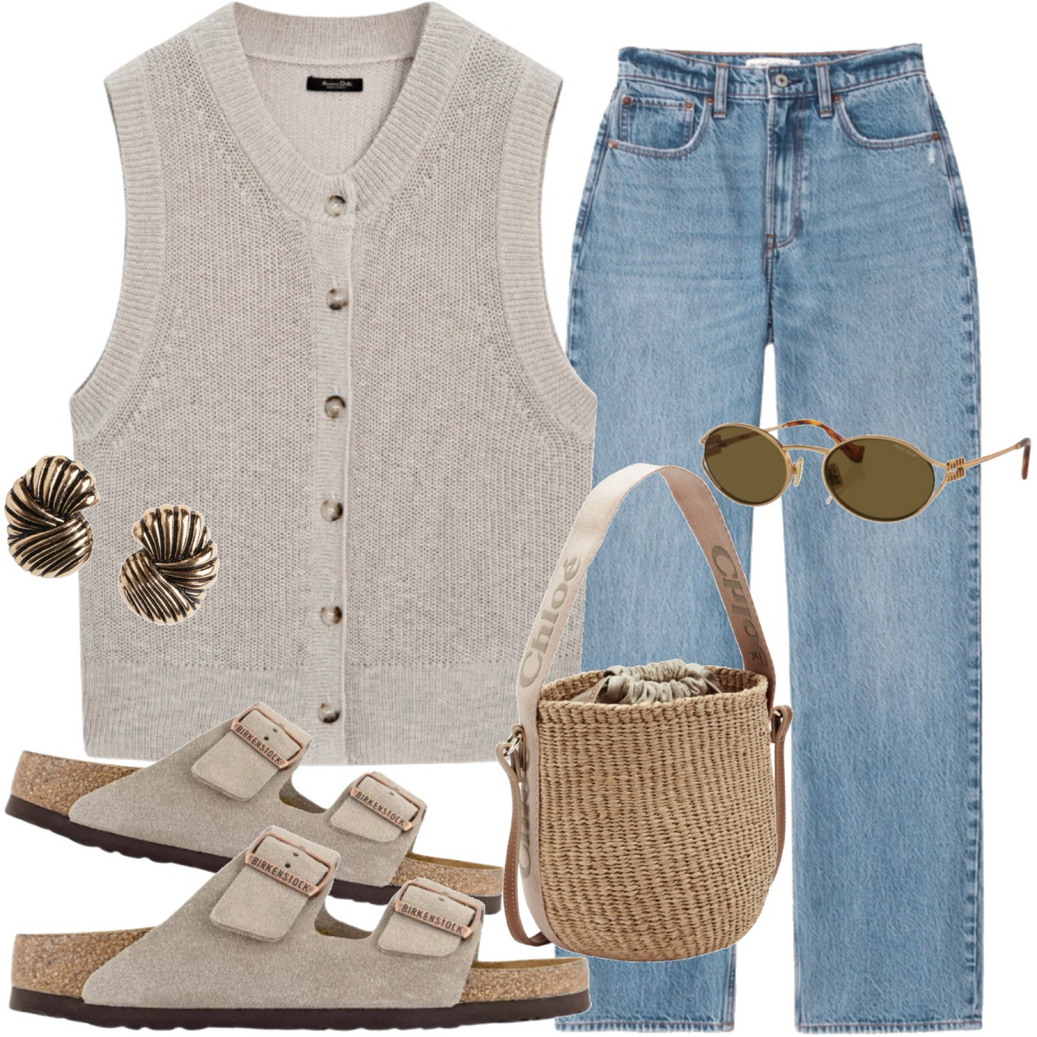 Button up knit vest, high rise loose jeans, Birkenstock Arizona sandals, Chloe raffia bucket bag, Miu Miu sunglasses & gold fluted earrings.
🏷️Neutral outfit, casual outfit, everyday outfit, beige outfit, transitional look.

#LTKeurope #LTKmidsize #LTKstyletip