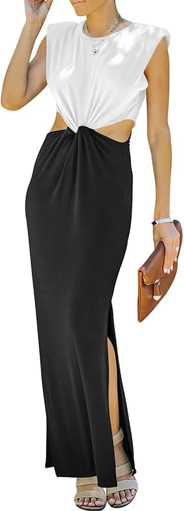 Womens Side Cutout Padded Shoulder Summer Long Bodycon Dress Sleeveless Slit Club Party Maxi Dres... | Amazon (US)