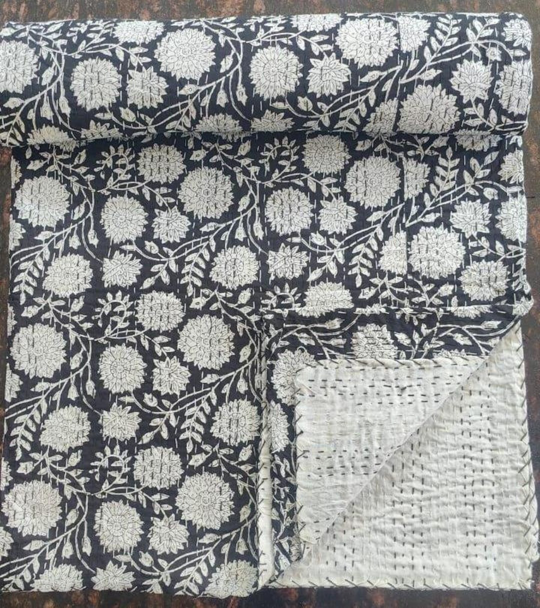 Black Kantha Quilt Handblock Print Floral Kantha Indian Beddding Netural Colour Indian Inspired B... | Etsy (US)