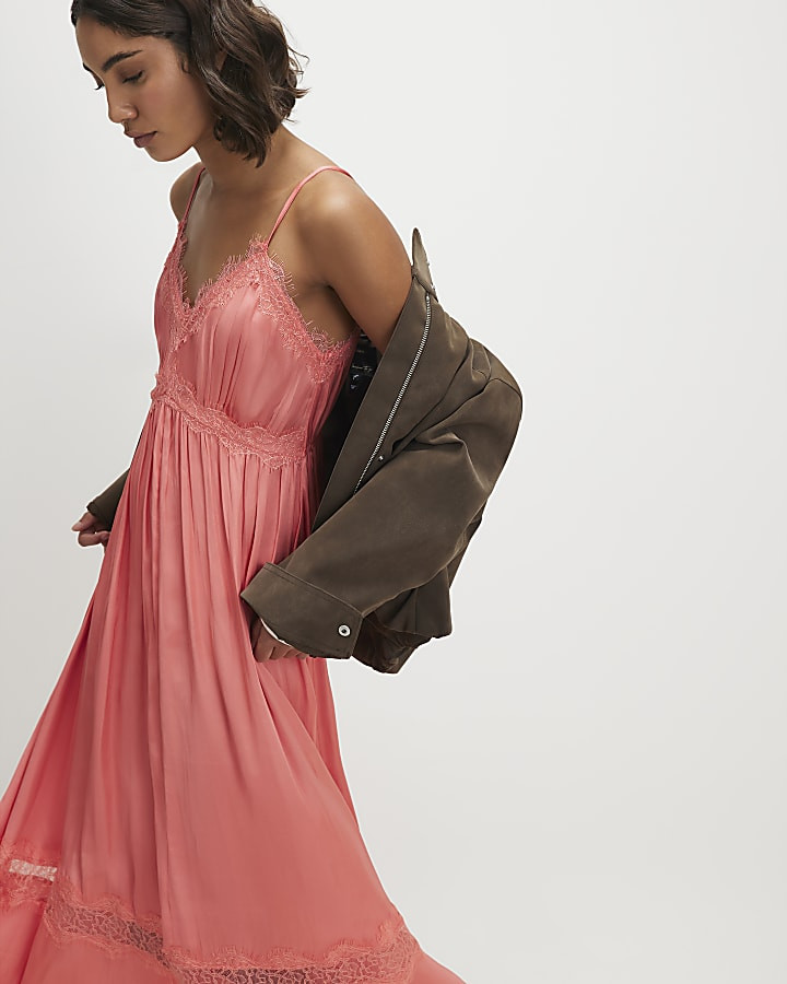Pink Lace Slip Midi Dress | River Island UK & IE