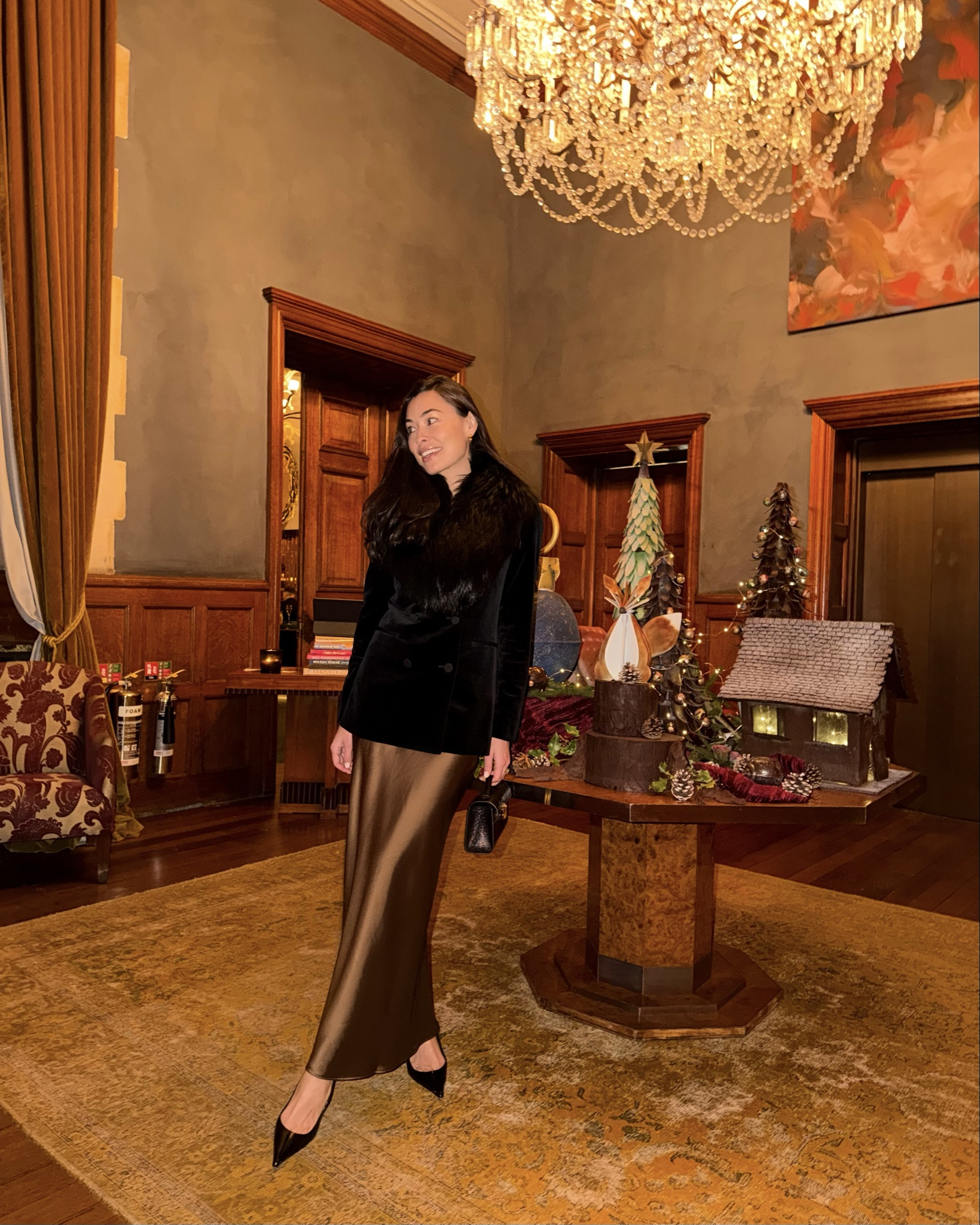 Holiday outfit, brown Zara dress similar below, Theory velvet blazer, Saint Laurent pumps, Estelle Manor. 

#LTKSeasonal #LTKHoliday #LTKootd