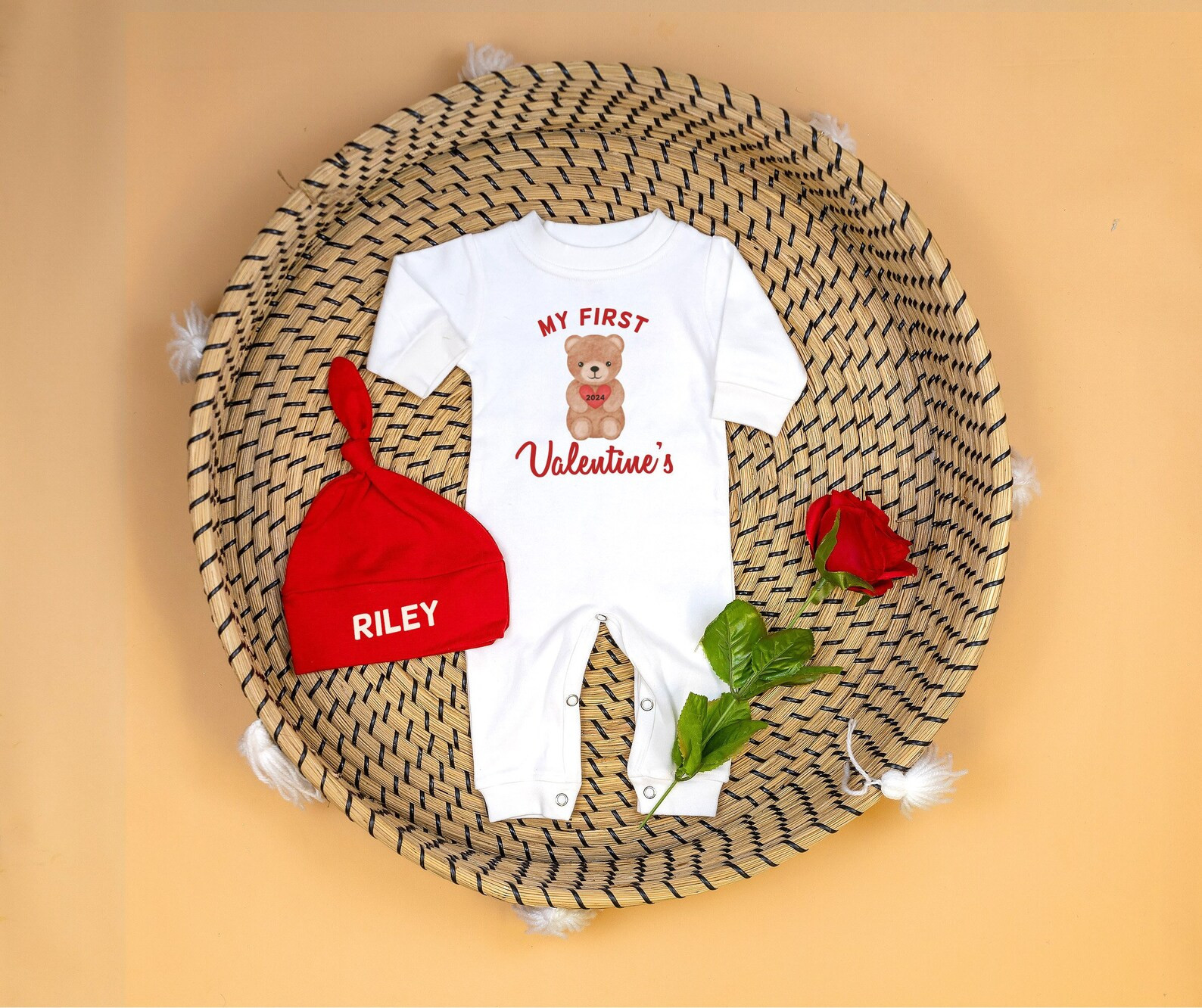Baby 1st Valentine Romper. Teddy Bear. My 1st Valentine's Day Outfit With Hat. Personalized Newbo... | Etsy (US)
