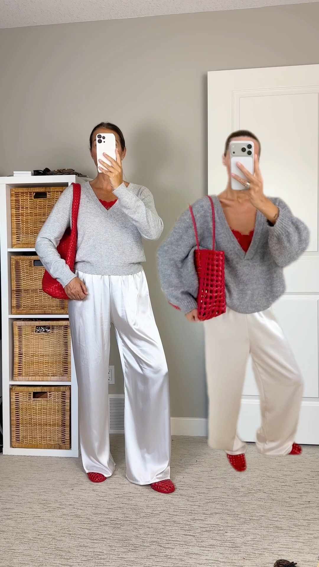 Early fall Pinterest look with pops of red. I didn’t have a lace trim cami so I found a strip of lace trim and used a stitch gun to secure it under the sweater so it peeks through. My silk pants are small long and my cashmere sweater is a M. #LTKcanada #LTKfall #LTKstyletip