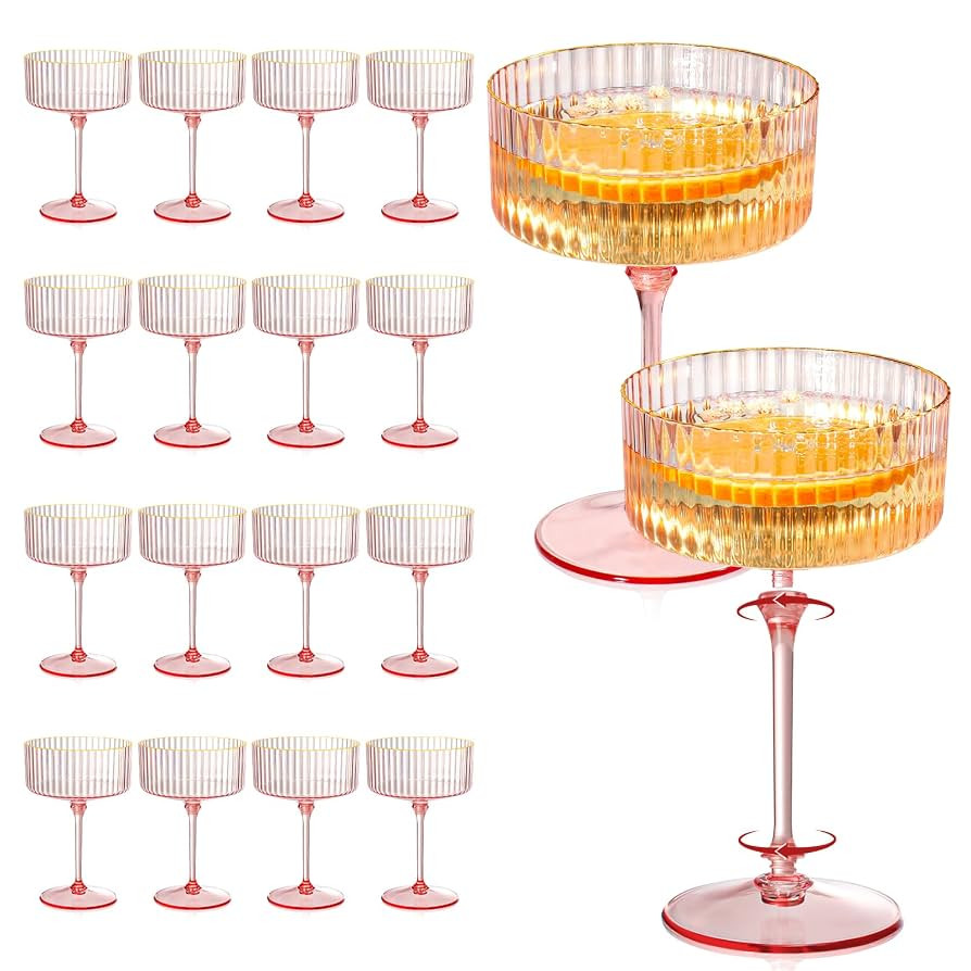 24 Pcs Detachable Martini Glasses 10oz Plasitc Pink Ribbed Coupe Glasses Gold Rim With Pink Stem ... | Amazon (US)