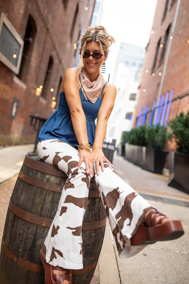 My Favorite Cow Print Flare Leg Jean Just Classically Cassidy X Pink L | Pink Lily