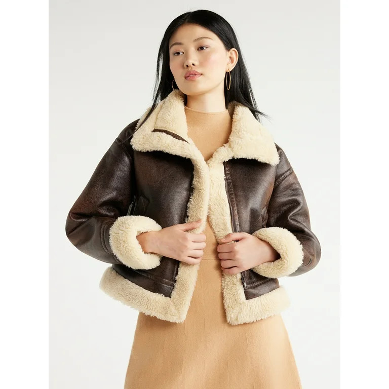 Scoop Women's Faux Suede Cropped Bomber Jacket with Faux Sherpa Lining, Sizes XS-XXL | Walmart (US)