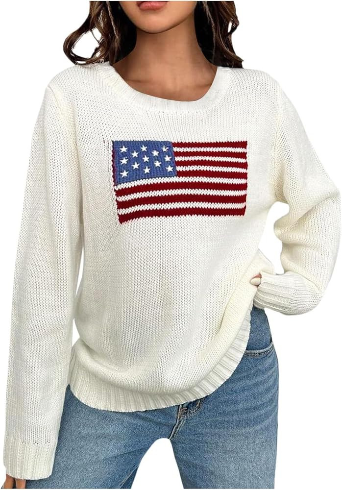 Womens Sweaters Casual Loose Long Sleeve Crewneck USA Flag Knit Pullover Tops Fall Fashion 2024 M... | Amazon (CA)