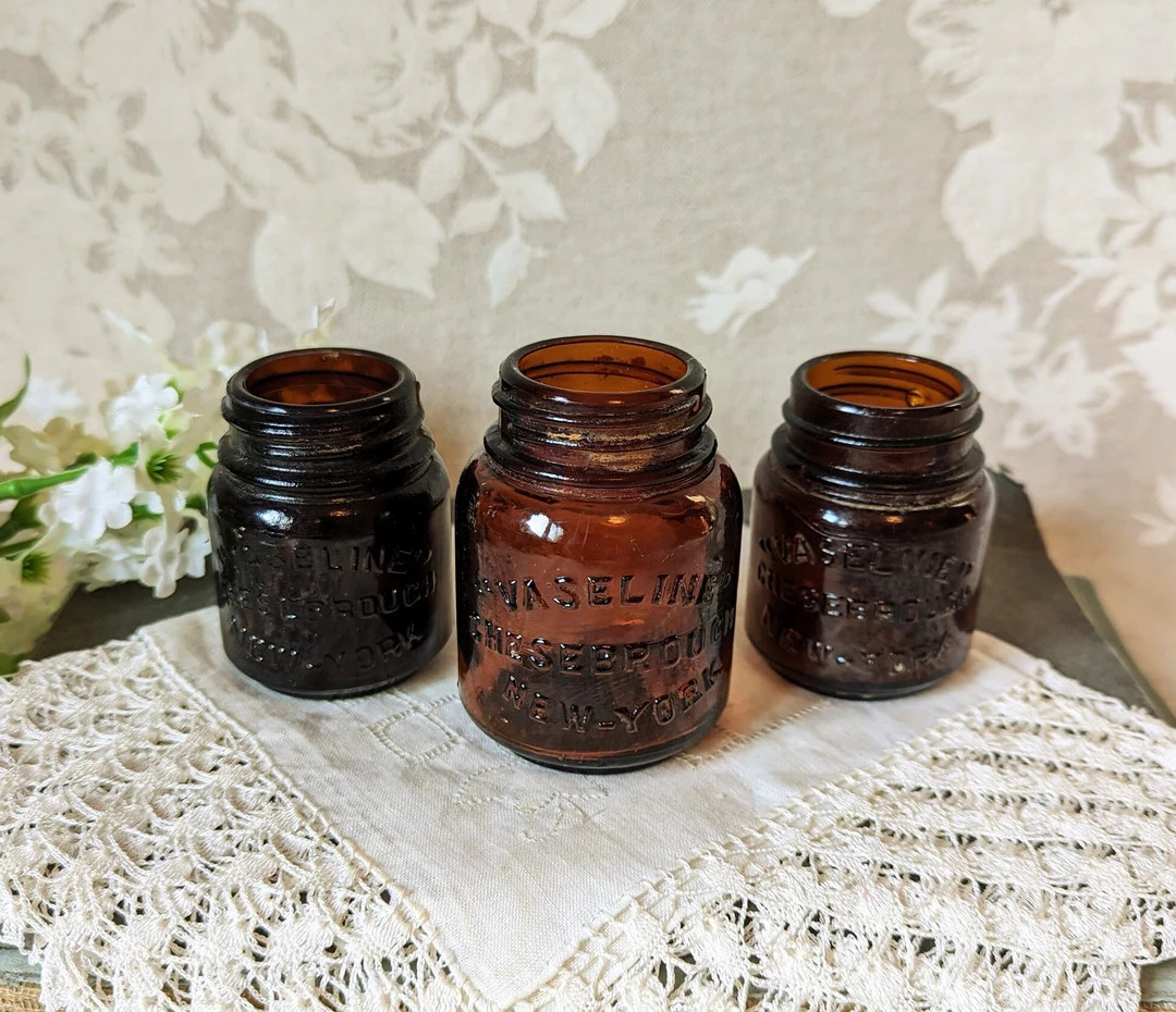 3 Antique Chesebrough Vaseline Bottles, Vintage Amber Glass Bottles, Mini Glass Vases, Rustic She... | Etsy (US)