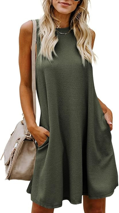 Dokotoo Womens 2023 Summer Dress Sleeveless Crew Neck Mini Tank Dress Short Flowy Sundress with P... | Amazon (US)