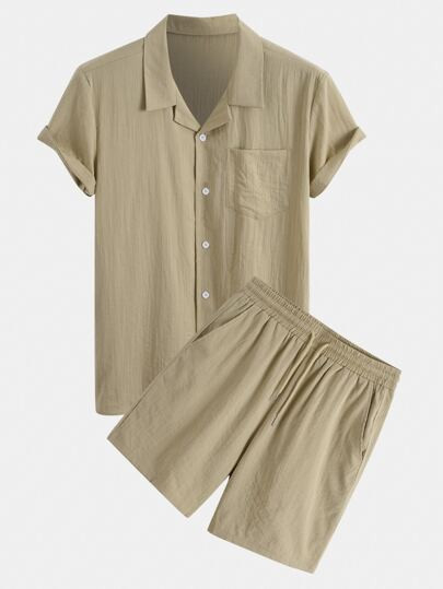 Men Pocket Patched Shirt & Drawstring Waist Shorts | SHEIN