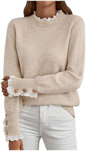 MakeMeChic Women's Fall Sweaters Lace Peplum Mock Neck Cozy Sweater Pullover | Amazon (US)