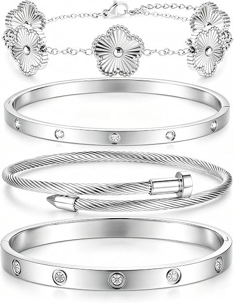 Silver Bracelets for Women - Stackable Clover & Nail Love Bangle Set - Non-Tarnish Jewelry Gift f... | Amazon (US)