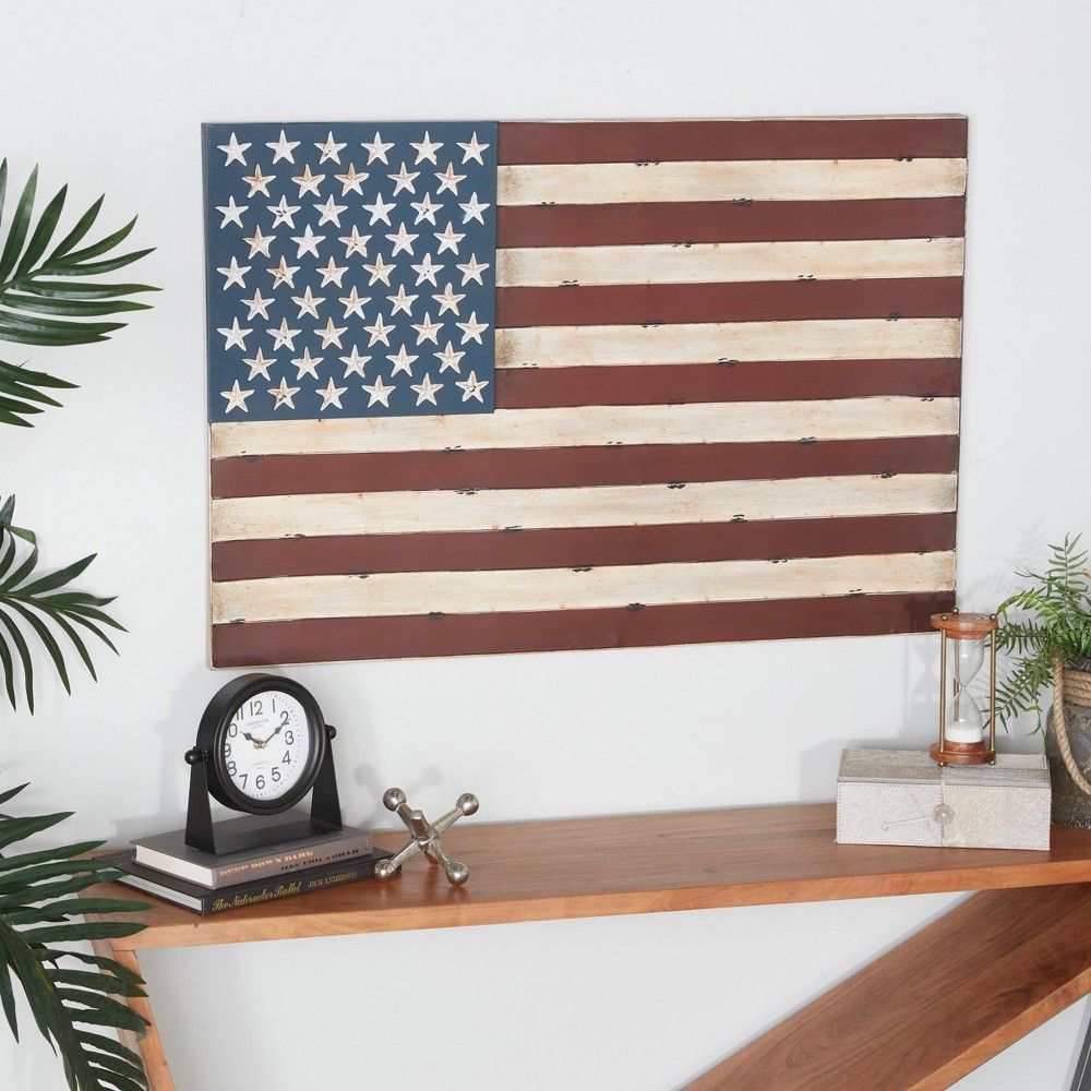 36"" x 26"" Metal Vintage Rectangular American Flag Wall Decor - Olivia & May | Target