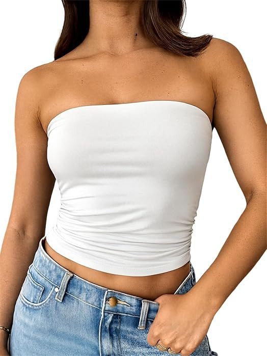 ForeFair Women Strapless Tube Tops Double Lined Ruched Backless Bandeau Going Out Top Basic Tank ... | Amazon (US)