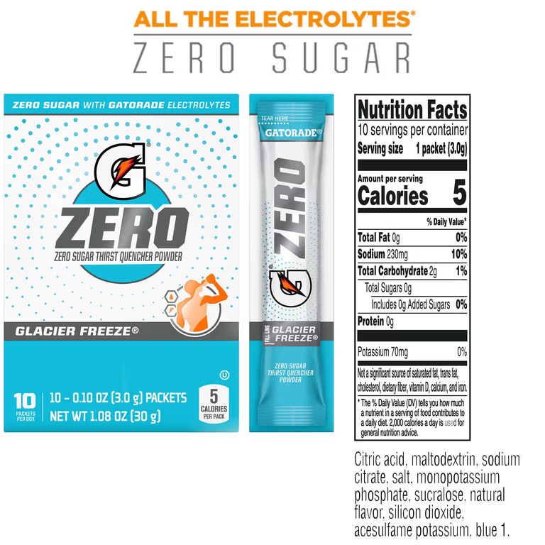 Gatorade G Zero Sugar Glacier Freeze Thirst Quencher Drink Mix Powder, 10 Packets | Walmart (US)