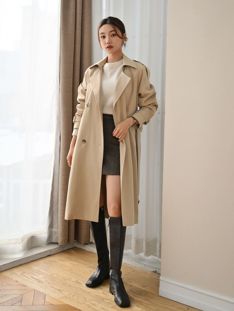 DAZY Double Breasted Raglan Sleeve Epaulettes Design Belted Trench Coat | SHEIN