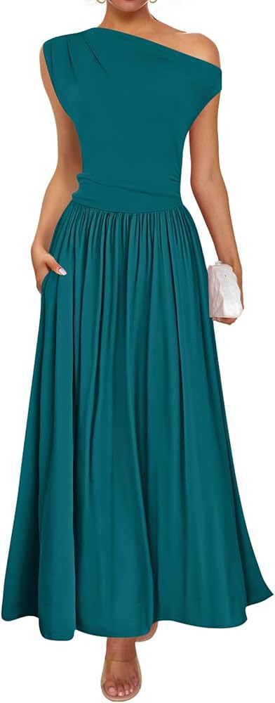 ZESICA Women's Summer 2025 Sleeveless Maxi Dress One Shoulder Casual Slim Swing Pleated Formal Dr... | Amazon (US)