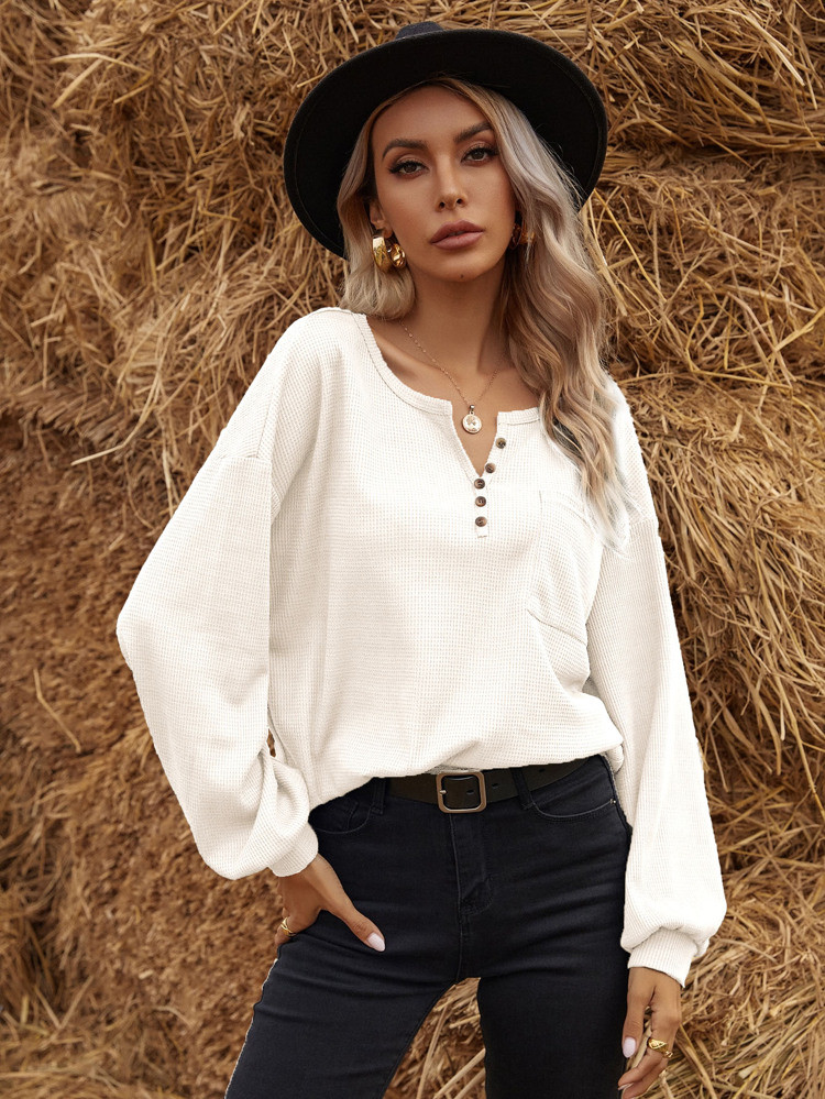 Notched Neck Pocket Patched Waffle Tee | SHEIN