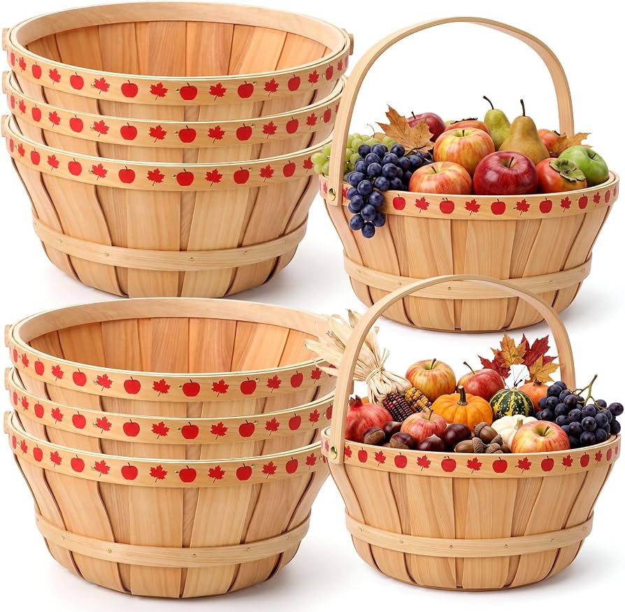 6 Pack Bushel Baskets 12"x5.2" Round Wooden Apple Baskets Bulk | Amazon (US)