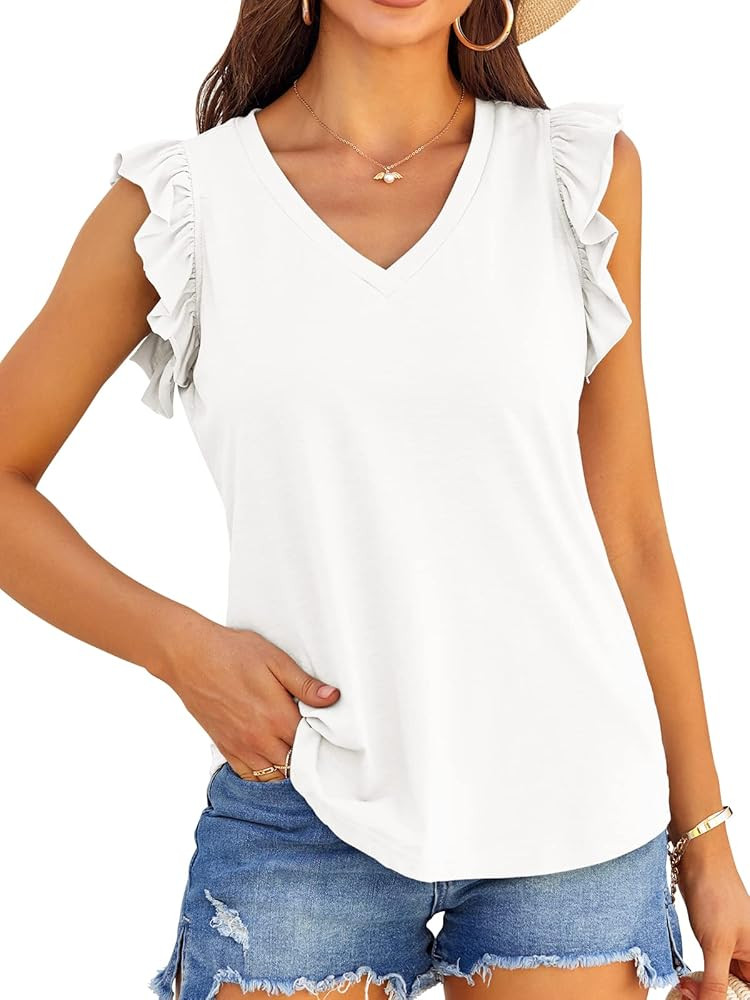 Valphsio Womens Casual V Neck Blouse Tops Frilled Ruffles Solid Sleeveless Tanks | Amazon (US)