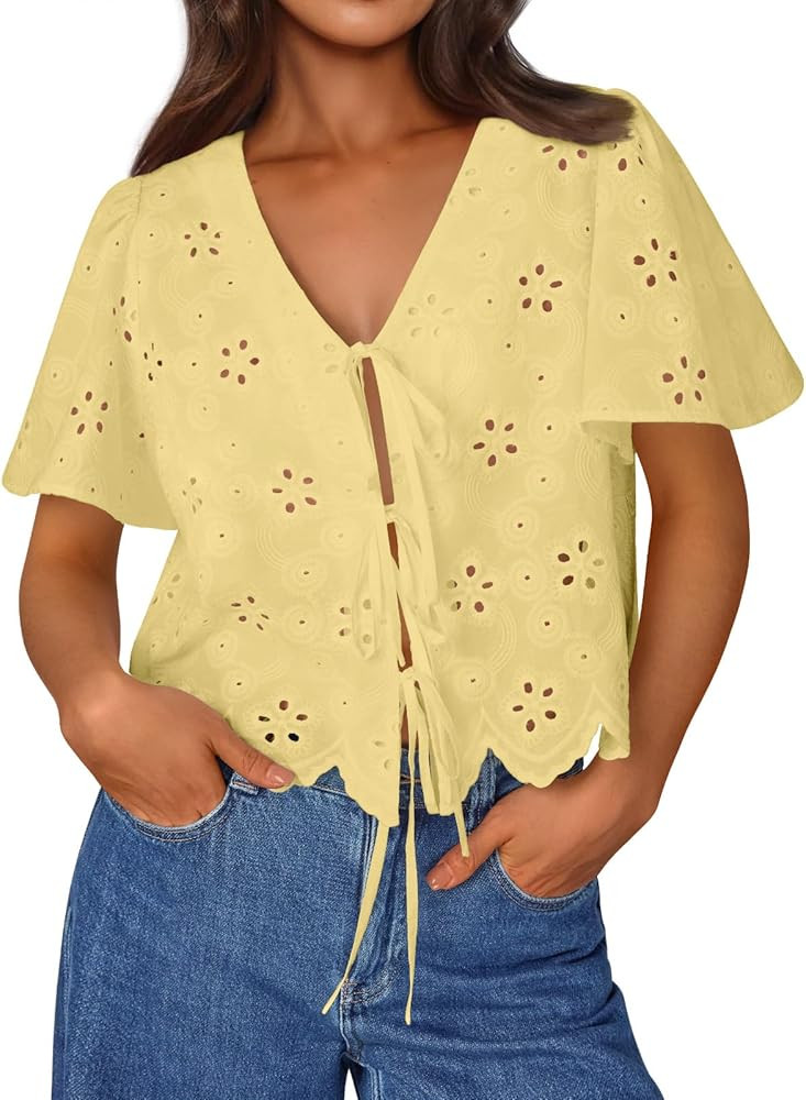 Trendy Queen Womens Summer Tops Cute Boho Blouses Beach Vacation Spring Outfits 2026 Tie Front Ey... | Amazon (US)